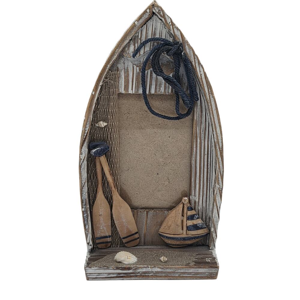 Nautical Boat Shaped Shadow Box Picture Frame Distressed Wood Beach Decor 3D